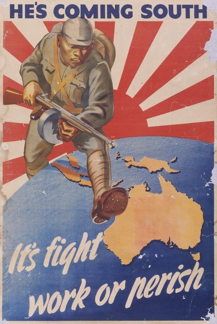 1942년, 호주 정부가 일제의 침략이 우려된다는 내용으로 제작한 모병 포스터 그림. [이미지출처=호주 전쟁박물관(AWM)]