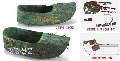 무령왕비의 금동신발 속에서 확인된 비단신발의 흔적. 왕비의 금동신발 안에서 발견된 직물덩어리는 비단 신발의 신바닥과 신울·신코·뒤축 부분이었다.|국립공주박물관 제공