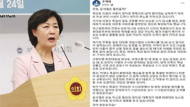추미애 전 법무부 장관(왼)이 올린 페이스북 글(오) / 사진 = 연합뉴스, SNS 캡처