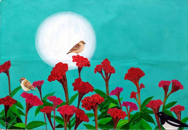 [신안=뉴시스] 최석운 작가의 '월하화조도'. (사진=신안군 제공) 2021.09.28. photo@newsis.com *재판매 및 DB 금지