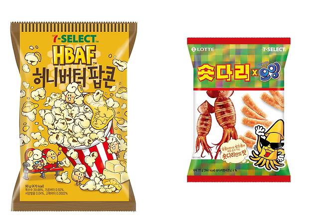 세븐일레븐 PB 과자인 바프허니버터팝콘(왼쪽)과 숏다리오잉(오른쪽).