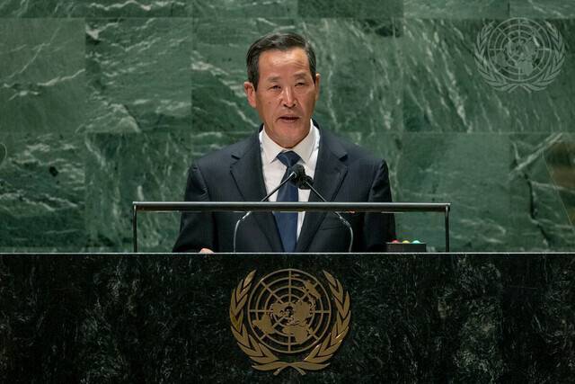 North Korea’s UN Ambassador Kim Song speaks during the 76th session of the United Nations General Assembly, Monday, Sept. 27, 2021. (AP/Yonhap News)
