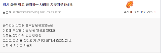 강씨에 대한 비판이 지나치다 지적한 누리꾼 게시글. 커뮤니티 엠엘비파크 캡처