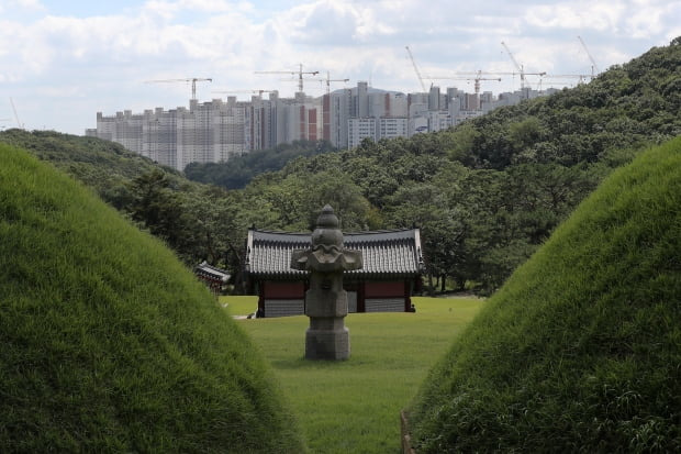 23일 경기도 김포시 풍무동 장릉(사적 제202호)에서 인천 서구 검단신도시에 짓고 있는 아파트 단지가 보이고 있다. /사진=뉴스1