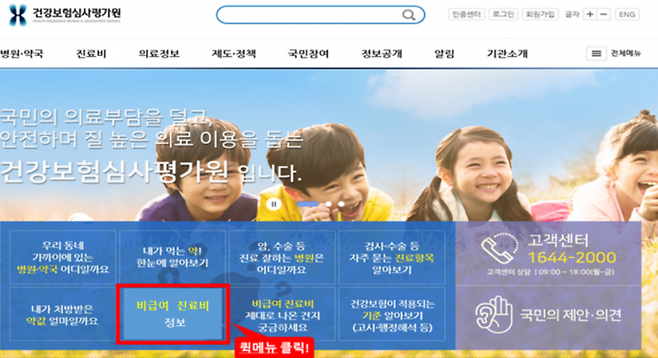 ▲그림=비급여 진료비용 정보를 조회하려면 건강보험심사평가원 누리집(www.hira.or.kr) 초기화면 중앙 ‘비급여 진료비 정보’를 클릭하면 된다. 심사평가원