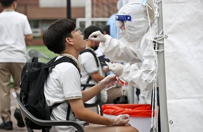 동성고 학생들이 28일 오전 서울 종로구 동성고등학교에 마련된 '학교 신속PCR검사 시범사업 운영소'에서 검체를 채취하고 있다. 사진공동취재단