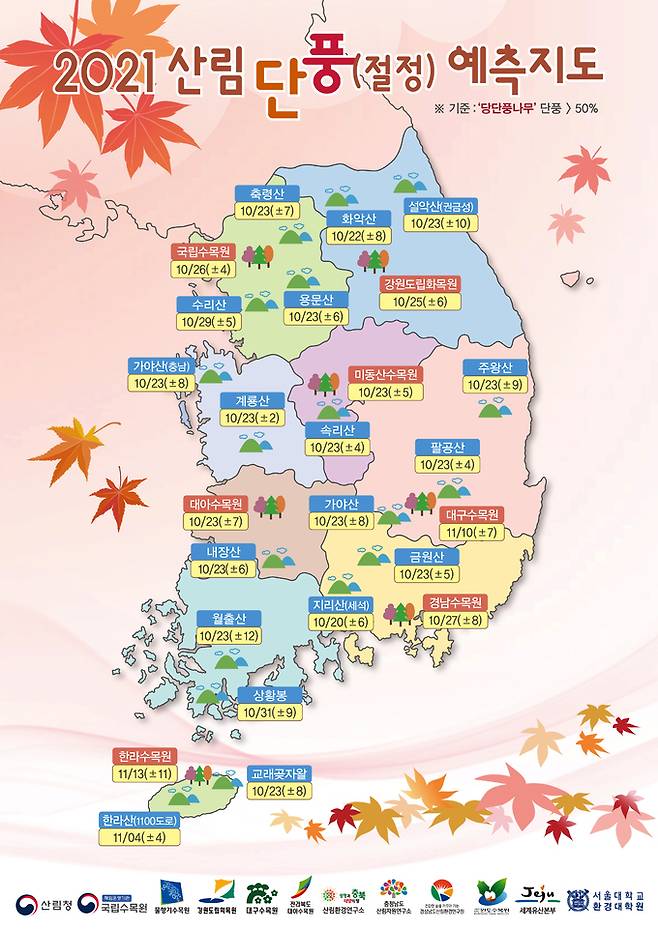 국내 주요 산 25곳의 단풍 예측 지도. 국립수목원 제공.