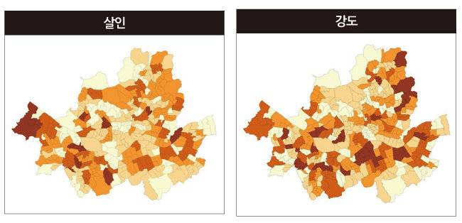 살인, 강도 등 주요 범죄 발생 빈도를 서울시 행정동 단위로 분석한 지도. 색이 진할수록 해당 범죄가 자주 발생한 것을 의미한다. [장현석 교수 제공]