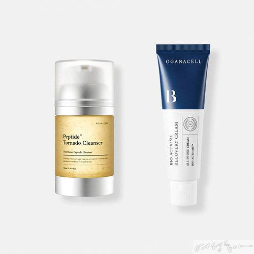 오가나셀 ‘펩타이드 토네이도 클렌저’, 오가나셀 ‘바이오 액티옴 리커버리 크림’(왼쪽부터).
