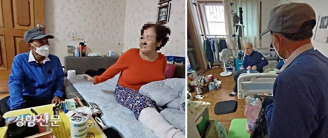 신정균씨가 30일 서울 성북구 정릉동의 ‘노노케어’ 도시락 배달 사업 대상자인 한 독거노인의 집을 찾아 도시락을 전달하고 이야기를 나누고 있다. 류인하 기자