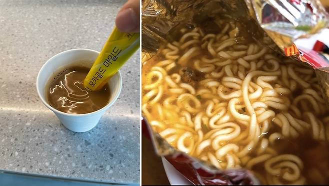 커피믹스를 탈 때 봉지로 젓거나(왼쪽), 라면봉지에 ‘뽀글이’를 만들어 먹는 것은 건강에 좋지 않다고 전문가는 조언했다.