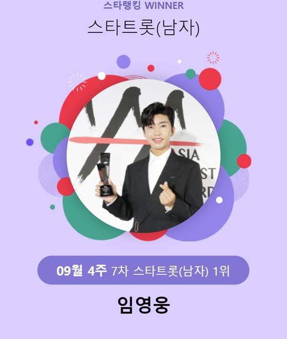 가수 임영웅이 스타랭킹 9월 4주차 스타트롯 남자 1위에 올랐다./사진=스타랭킹