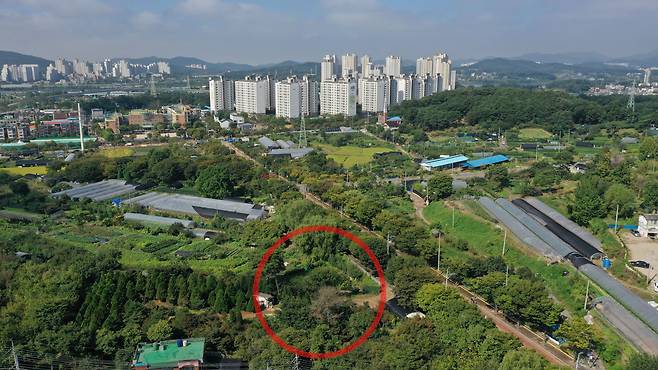 30일 경기도 수원시 권선구 입북동 화천대유 최대 주주인 김만배씨가 산 600여 평 땅./ 장련성 기자