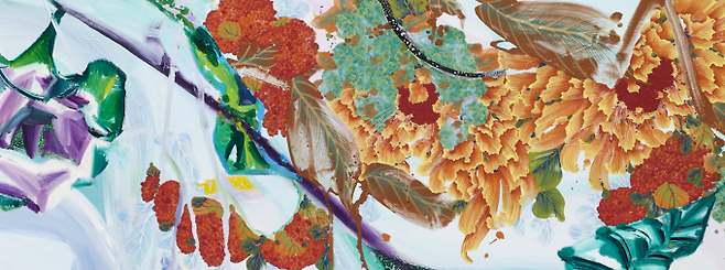 작품 '꽃의 시간', 55x180cm, 캔버스에 석채 혼합재료, 2020년.
