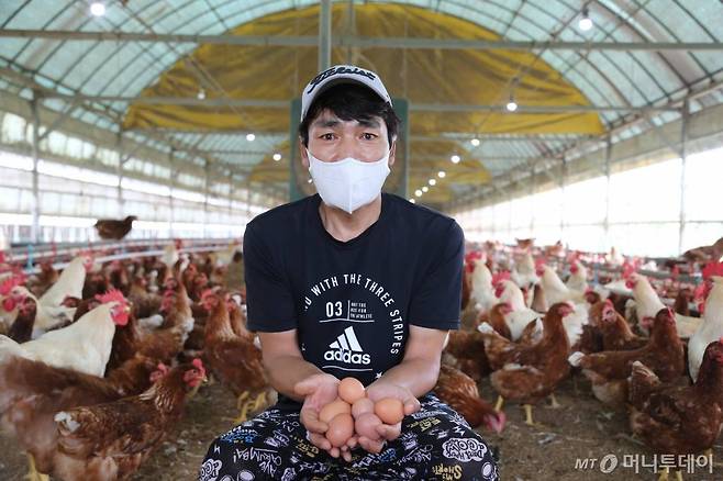 이제철 행복농장 대표는 전북 김제시 용지면에서 산란계 8800여마리를 사육하고 있다. 다른 대형 농장은 닭은 케이지(Cage)에 가둬 집단으로 사육하지만, 이 곳에서는 닭들을 자유롭게 방사해 키우고 있다. 행복농장은 2016년 동물복지농장 인증을 받았다. /사진=정혁수