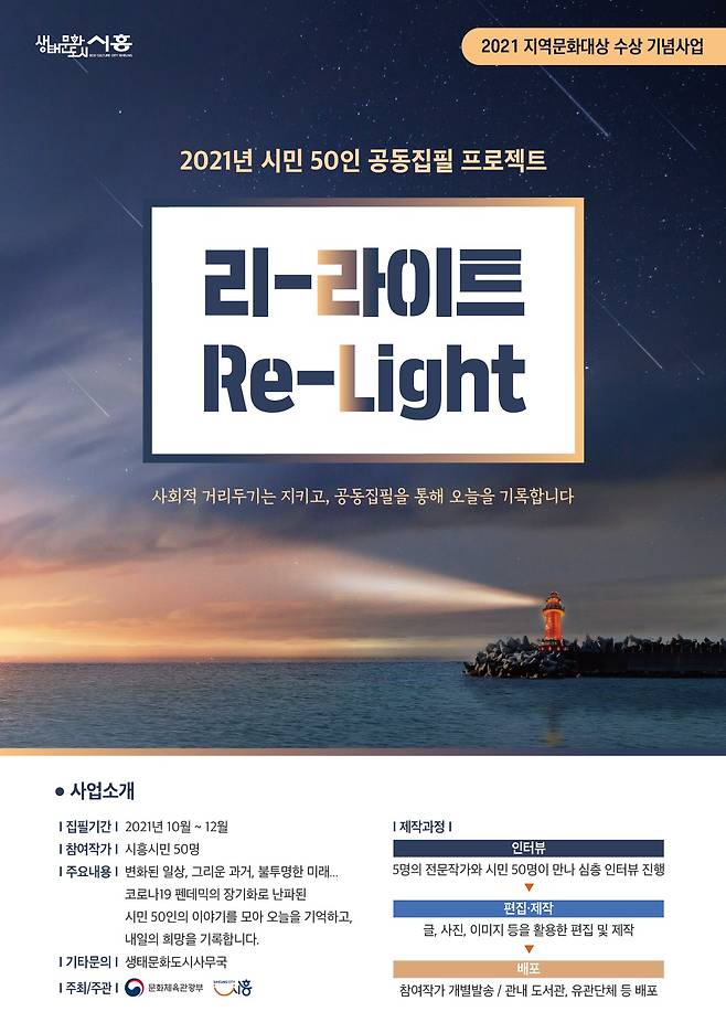 시흥시(시장 임병택)가 2021 지역문화대상 수상을 기념해 시민 50인 공동집필 프로젝트 ‘리-라이트(Re-Light)’를 추진한다고 1일 밝혔다. / 사진제공=시흥시