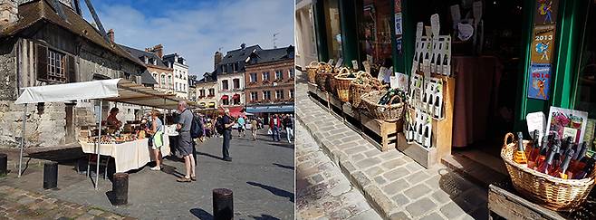 매주 토요일 열리는 옹플뢰르 마을 시장(왼쪽)과 전통 술을 파는 상점. /사진=송경은 기자