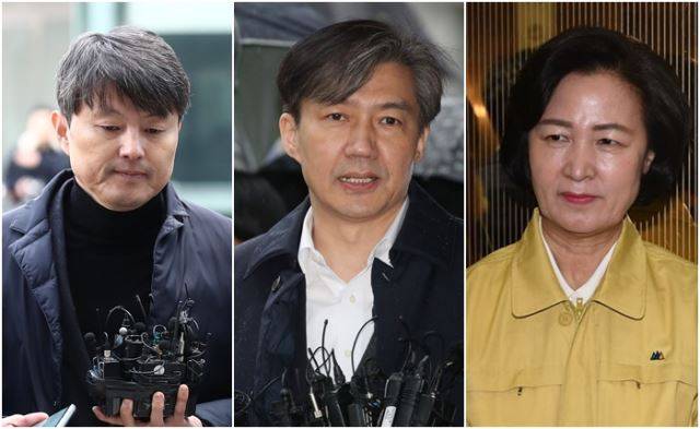 (왼쪽부터) 유재수 전 부산시 경제부시장, 조국 전 법무부 장관, 추미애 전 법무부 장관. 뉴시스 연합뉴스