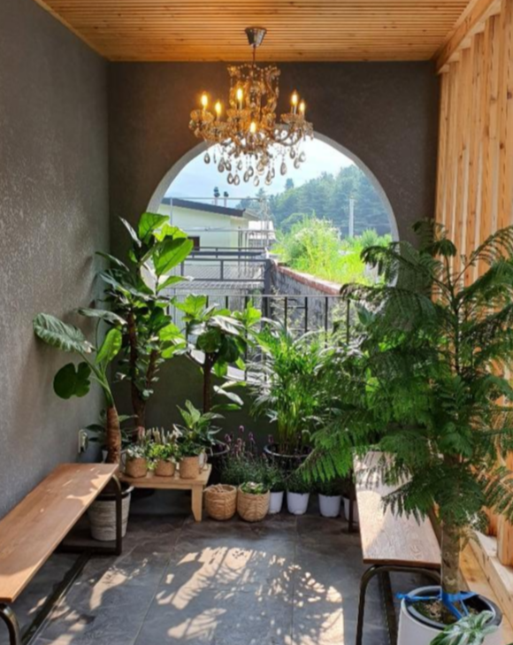 아내가 화초를 기르는 2층 테라스. 동그란 창과 식물이 어우러지며 이국적인 분위기를 만든다. 제이아이피 종합건설 제공
