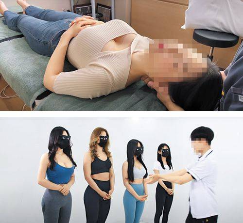 위 사진은 지난달 한 도수치료 업체가 유튜브에 올린 영상의 한 장면. 이 업체는 몸에 딱 달라붙는 옷을 입은 여성이 도수치료를 받는 장면을 카메라로 밀착해 찍어 논란이 일었다. 아래 사진은 교복을 입은 남학생에게 레깅스 차림의 여성 중 ‘마음에 드는 몸매’를 고르라고 하는 모습. /유튜브 화면