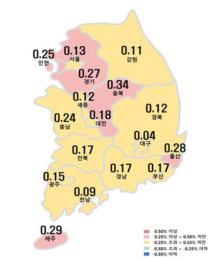 한국부동산원의 10월 11일 조사 기준 시도별 아파트 전세가격지수 변동률 지도.<한국부동산원 제공>