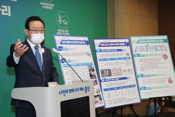 송철호 울산시장이 14일 기자회견을 열고 울산지역 미혼청년 가구에 매월 10만원의 임대료를 4년간 현금 지원하는 등의 청년 및 신혼부구 가구 주거지원 사업 등 인구활력 증진 대책을 발표하고 있다.