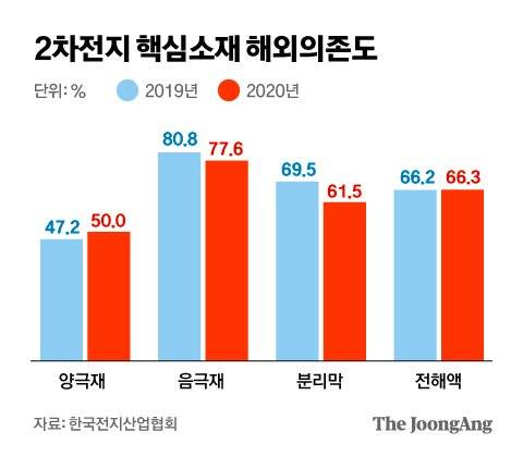 2차전지 핵심소재 해외의존도. 그래픽=차준홍 기자 cha.junhong@joongang.co.kr