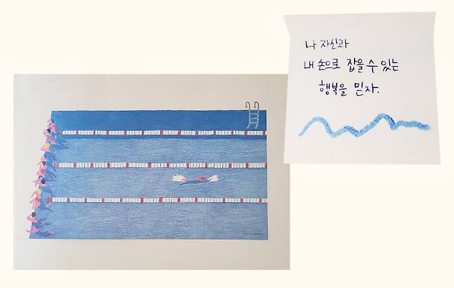 왼쪽 책방에서 받아와서 창 옆에 붙여둔 그림(왼쪽)과 수영하고 기분 좋을때 쓴 메모(오른쪽). 물에뜬도토리 제공
