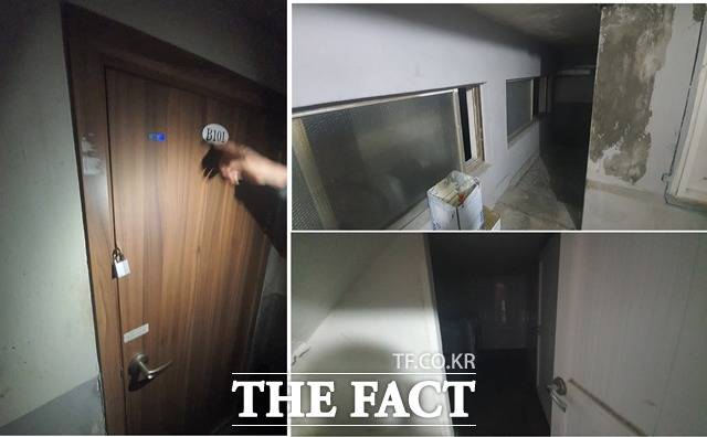 지난 13일 서울 동자동 쪽방촌 주민 A씨가 안내한 쪽방 건물 내부 모습. 햇볕이 들어오지 않아 곳곳에 곰팡이가 피었고 세탁기 1대를 20명이 넘는 주민이 공동 사용한다. /정용석 기자