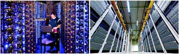 구글(왼쪽 사진)과 마이크로소프트의 데이터센터 일부. 이들을 비롯한 글로벌 클라우드 업체들은 컨테이너 기술을 통해 고객사 프로그램을 자사 클라우드로 손실 없이 옮겨주는 솔루션을 제공한다. /구글·마이크로소프트 제공