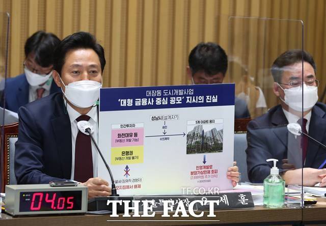국회 행정안전위원회의 서울시 국감이 '서울시'는 빠진 채 이재명 경기도지사와 대장동 의혹만 난무했다. 오 시장이 19일 서울시청에서 열린 국감에서 의원 질의에 답변하고 있다. /뉴시스