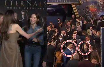 '이터널스'의 월드 프리미어 행사장에서 (왼쪽) 안젤리나 졸리와 포옹하는 예정화, 마동석 옆에 서 있는 예정화/마블 엔터테인먼트 공식 유튜브