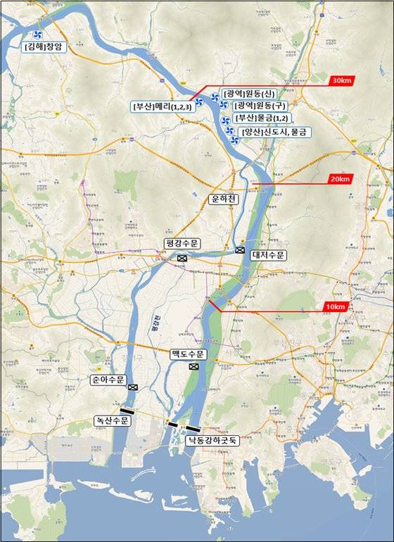 낙동강 하굿둑과 대저수문 위치도.