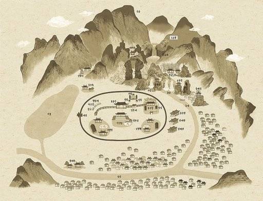 홍길주의 상상의 세계 ‘숙수념’을 박무영 교수가 해석하여 새로 그린 그림 ‘숙수념도’. 배산임수의 지형, 완벽한 자연조건에 자리 잡은 별세계가 보인다. 그림 임경선. 태학사 제공