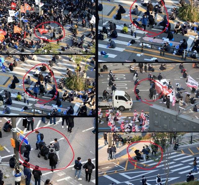 시위 때문에 유모차도 돌아가고