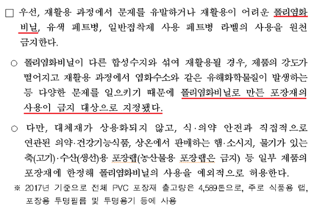 2019년 8월 환경부가 배포한 보도자료에 폴리염화비닐(PVC)을 포장재에 사용하는 것을 금지하겠다는 내용이 담겨 있다. 환경부 제공