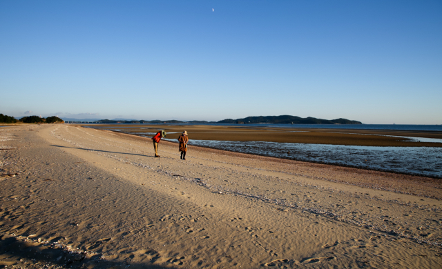 여행객들이 물이 빠진 해변길7코스 ‘바람아래해변’을 걷고 있다.