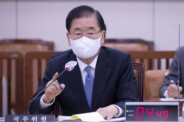 정의용 외교부 장관이 21일 국회 외교통일위원회의 외교부·통일부 등에 대한 종합감사에서 의원들의 질의에 답변하고 있다. /연합뉴스