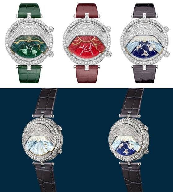 윗 그림 왼쪽에서 오른쪽으로 1막을 담은 레이디 아펠 발레리나 뮤지컬 에므로드 워치, 2막을 표현한 레이디 아펠 발레리나 뮤지컬 루비 워치, 3막을 담은 레이디 아펠 발레리나 뮤지컬 디아망 워치. 아래는 커튼 닫힘과 커튼 열림(아래). [사진 반클리프 아펠]