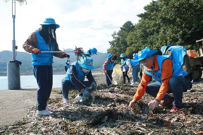 [광주=뉴시스] 구길용 기자 = (사)연안환경보전연합회(이사장:임영태)와 청해초교 학생들은 22일 완도읍 장좌리 해안 일원에서 쓰레기 줍기 행사를 가졌다. (사진=연안환경보전연합회 제공). 2021.10.22. kykoo1@newsis.com  *재판매 및 DB 금지