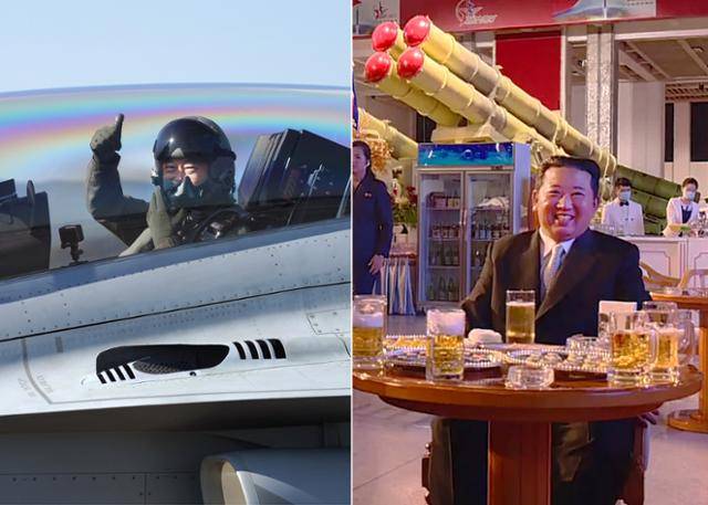 문재인(왼쪽) 대통령이 20일 경기 성남시 서울공항에서 열린 2021 서울 국제 항공우주 및 방위산업 전시회(ADEX) 개막 기념행사에 국산 경공격기 'FA-50'을 타고 도착하고 있다. 김정은 북한 국무위원장이 11일 평양 3대혁명전시관에서 열린 국방발전전람회 '자위-2021' 개막행사에 참석해 고위 간부들과 함께 생맥주를 마시며 흡족해 하고 있다. 성남=왕태석 선임기자·평양=조선중앙TV 뉴시스