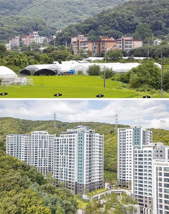 2013년만 해도 허허벌판(위)에 지나지 않았던 대장동은, 8년 만에 고급 주거 단지(아래)로 탈바꿈했다. 그러나 그 과정 속에서 원주민들의 권익은 무시돼왔다. <매경DB>