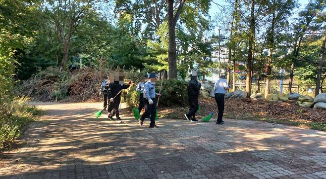 22일 오전 9시쯤 서울시 성북구의 한 아파트에서 경비원 7명이 떨어진 낙엽을 쓸고 있다. 지난 21일 이른바 '경비원 갑질방지법'이 시행되며 아파트 단지 청소가 경비원의 공식 업무에 포함됐다./사진=양윤우 기자.