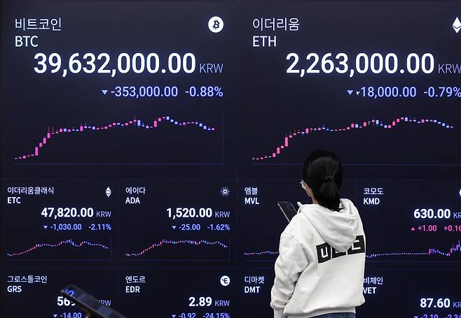 서울 강남구 업비트 라운지의 전광판에 가상화폐 거래 상황이 표시돼 있다. /연합뉴스