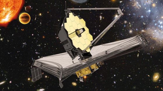 제임스웹 우주망원경이 지구에서 150만km 떨어진 라그랑주 포인트 L2 지점에 안착해서 별을 관측하고 있는 모습을 상상한 그림. [사진 ESA]