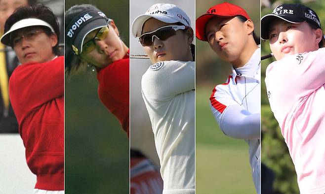 1988년 고(故) 구옥희 전 한국여자프로골프(KLPGA) 협회장이 첫 우승을 차지하며 시작된 한국 여자프로골프의 우승 행진이 24일 고진영의 BMW 레이디스 챔피언십 우승으로 200승 고지에 이르렀다. 왼쪽부터 첫 승의 주인공 구옥희, 50승의 김주미, 100승의 유소연, 150승의 양희영, 200승의 고진영. 연합뉴스 자료사진