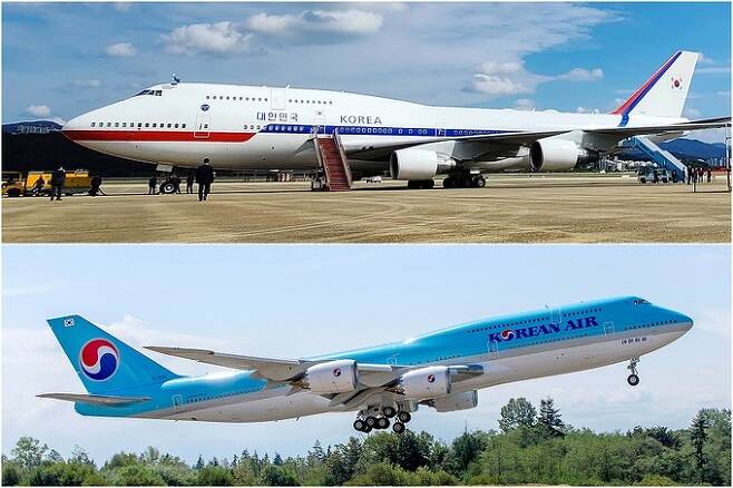 대통령의 새로운 전용기로 채택된 공군 1호기인 보잉 747-8i 기종(사진 아래)과 기존 공군 1호기로 사용된 보잉 B747-400 기종(사진 위). 연합뉴스