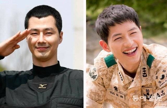2009년 공군 병사로 입대할 당시 배우 조인성 씨(왼쪽)와 드라마 ‘태양의 후예’ 속 장교(대위) 역할을 맡은 배우 송중기 씨 모습. 동아일보DB