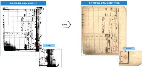 서울시가 고해상도·컬러로 변환을 추진하고 있는 지적보존문서의 개선 전후. 현행 흑백 150dpi의 해상도(사진 왼쪽)가 데이터 개선을 통해 컬러 300dpi로 변환됐다.