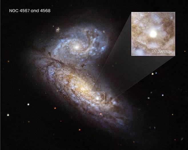 나비은하 NGC 4567과 NGC 4568와 초신성 SN 2020fqv의 모습. 사진=NASA, ESA, Ryan Foley (UC Santa Cruz); Image Processing: Joseph DePasquale (STScI)